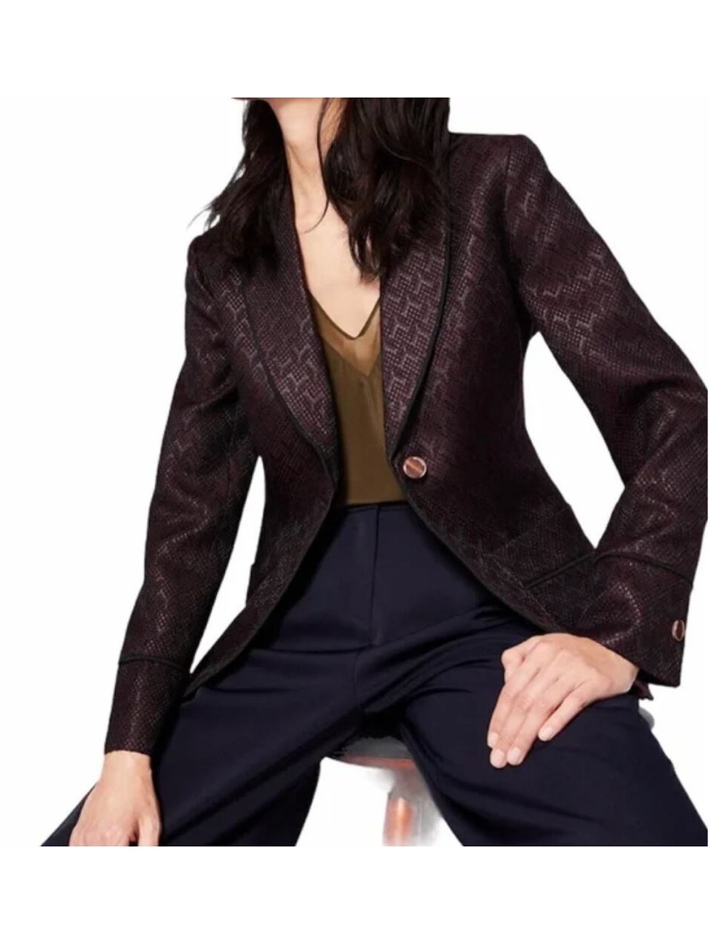 Ted Baker Helgaa Piped Jacquard Blazer Size 0 Dark Plum Textured Single-Button